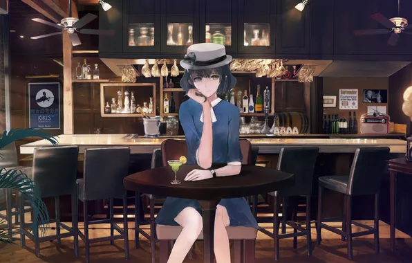 Картинка взгляд, девушка, улыбка, стол, бар, шляпа, платье, стул