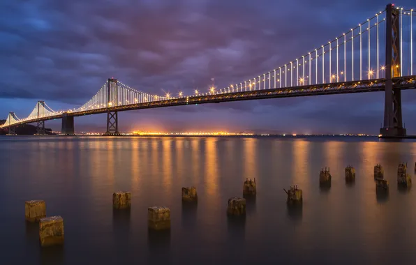 Мост, огни, вечер, San Francisco, Bay Bridge, South Beach, Dusk