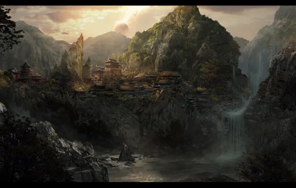 Картинка деревья, горы, замок, водопад, джунгли, восток