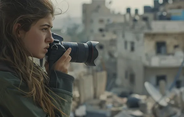 Дома, Девушка, Фотоаппарат, Сбоку, Цифровое искусство, Photographer, Разруха, Фотограф