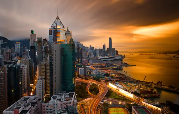 Небо, Гонконг, вечер, выдержка, порт, Китай, Hong Kong, КНР