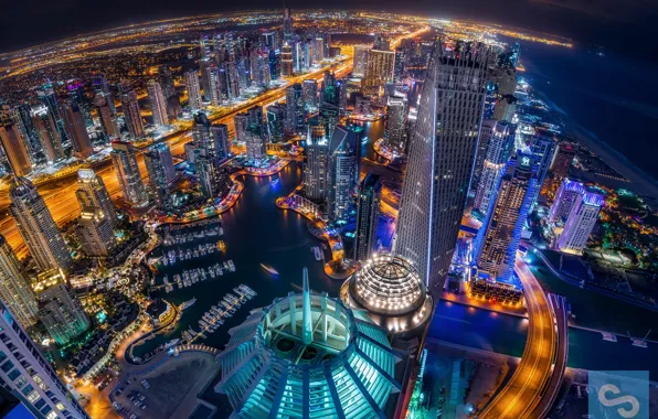 Картинка ночь, город, огни, вечер, Дубай, ОАЭ, Dubai Marina