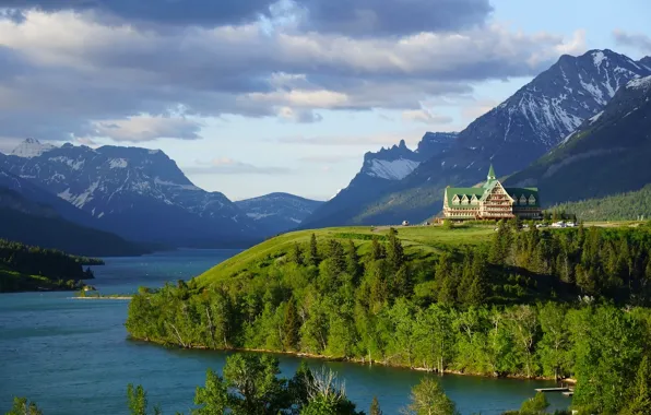 Картинка горы, озеро, здание, Канада, Альберта, отель, Alberta, Canada