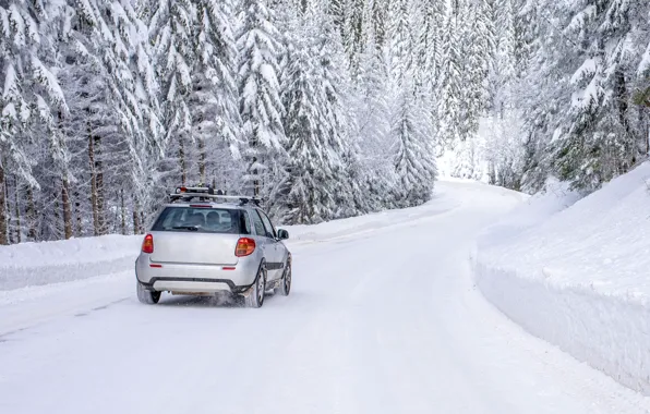 Зима, дорога, car, снег, деревья, пейзаж, елки, forest