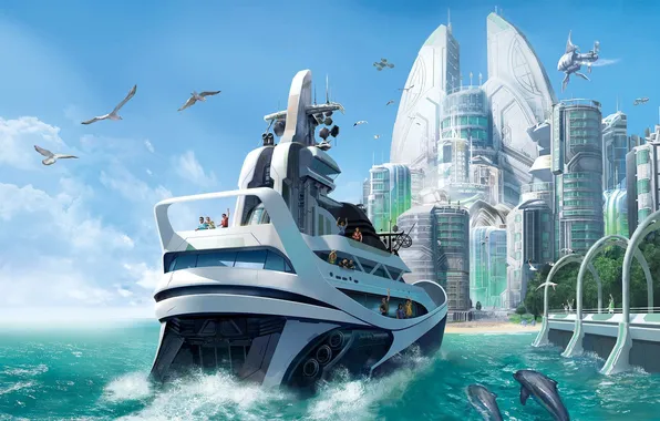 Картинка город, яхта, Anno 2070
