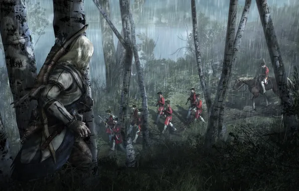 Лес, ночь, дождь, солдаты, Кредо Убийцы 3, Assassin’s Creed III, Коннор Кенуэй