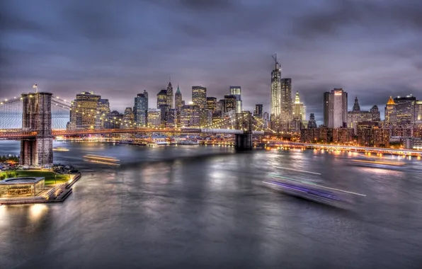 Нью-Йорк, Бруклинский мост, ночной город, Манхэттен, Manhattan, New York City, Brooklyn Bridge, East River