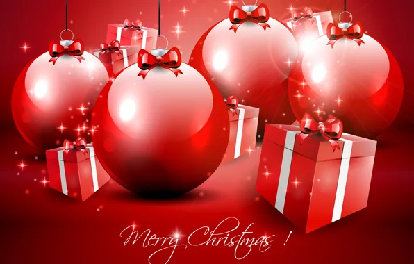 Картинка ленты, шары, подарки, коробки, ёлочные украшения, merry christmas