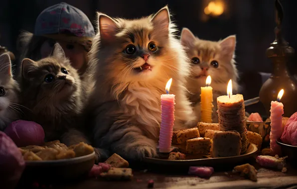 Взгляд, кошки, котенок, стол, праздник, свечи, кукла, Рождество