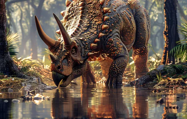 Вода, Отражение, Деревья, Динозавр, Рога, Triceratops, Животное, Цифровое искусство