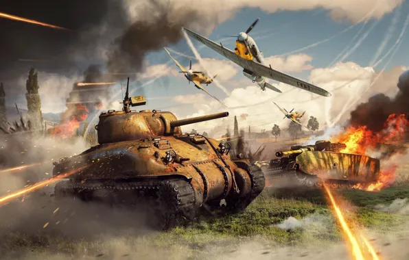 Картинка война, дым, танк, самолёты, выстрелы, War Thunder
