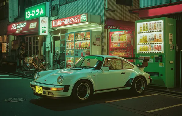 Ночь, неон, Porsche, Япония, Japan, white, night, neon