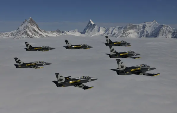 Картинка облака, самолет, Горы, Jet, Breitling, Breitling - Jet Team, L-39 Albatros