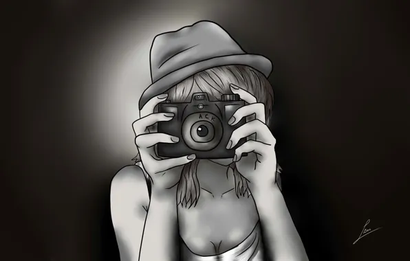 Девушка, рисунок, шляпа, аниме, руки, фотоаппарат, комиксы