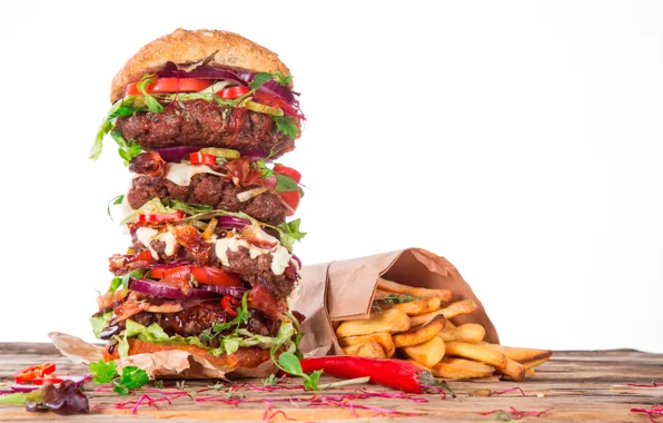 Пакет, мясо, белый фон, перец, бутерброд, овощи, гамбургер, фастфуд