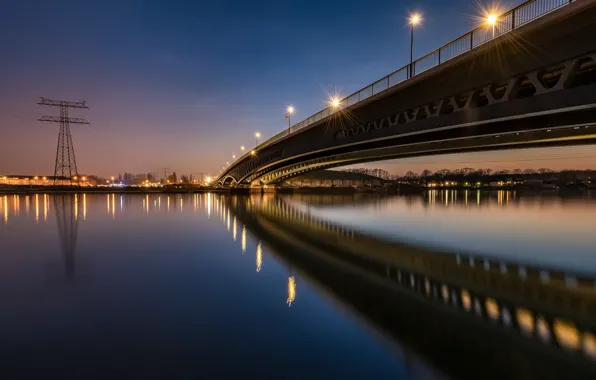 Мост, огни, вечер, Германия, Берлин, Minna-Todenhagen-Brücke