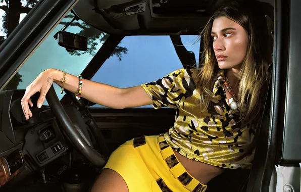 Авто, взгляд, девушка, модель, юбка, Vogue, Hailey Bieber