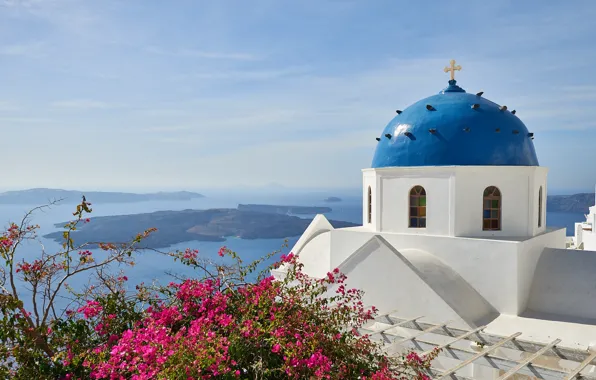 Картинка море, острова, Санторини, Греция, церковь, купол, Santorini, Greece