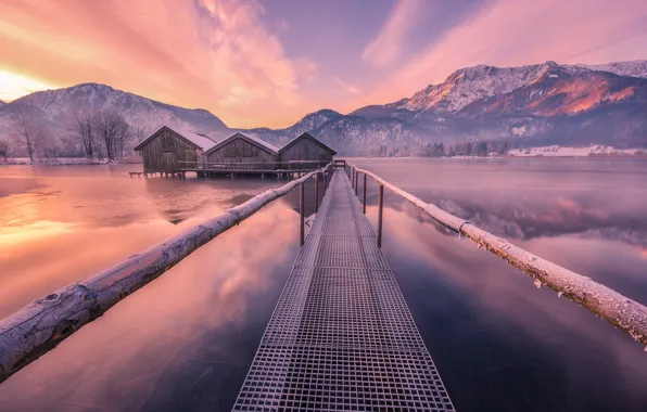 Картинка зима, мост, озеро