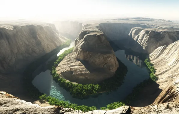 Картинка зелень, солнце, река, тень, Колорадо, каньон, кусты, скалистость
