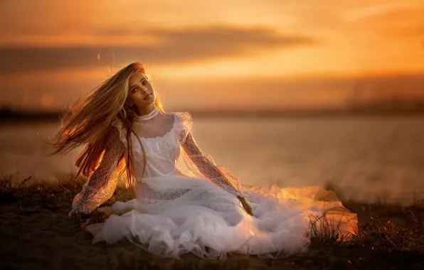 Картинка закат, поза, настроение, волосы, платье, девочка, Sylwia Ragan