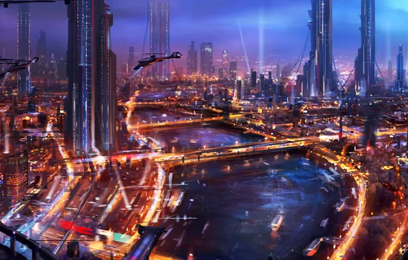 Картинка ночь, мост, город, будущее, река, фантастика, транспорт, корабли