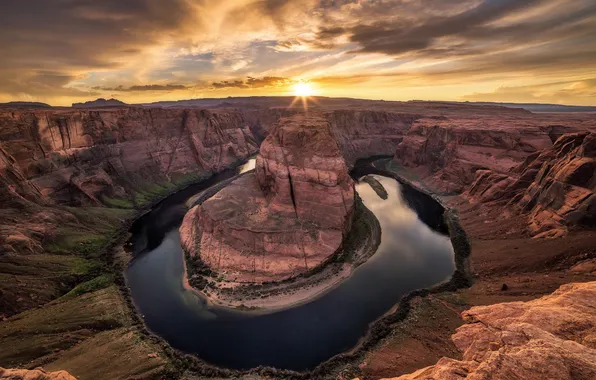Река, скалы, рассвет, каньон, Аризона, USA, США, Nature
