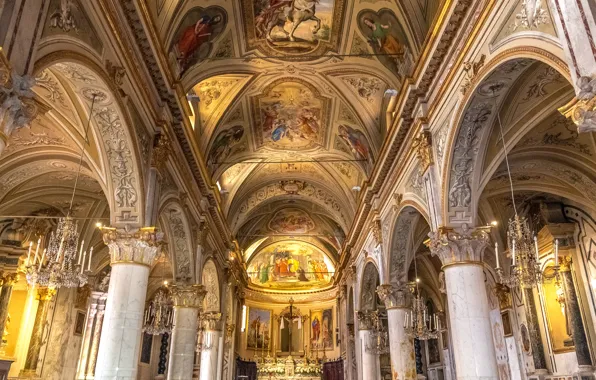 Картинка Италия, колонны, архитектура, религия, роспись, Портофино, неф, церковь Сан-Мартино