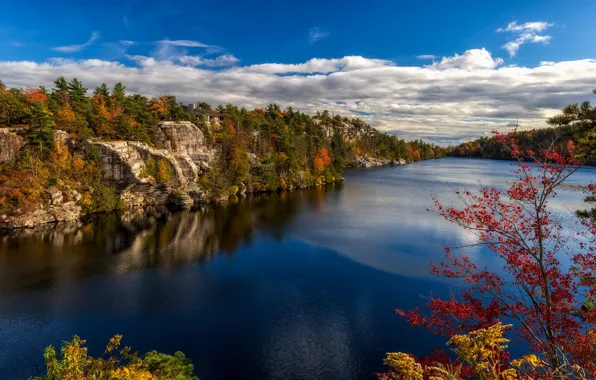 Картинка осень, деревья, озеро, скалы, New York, Штат Нью-Йорк, Парк-заповедник Минневаска, Minnewaska State Park Preserve