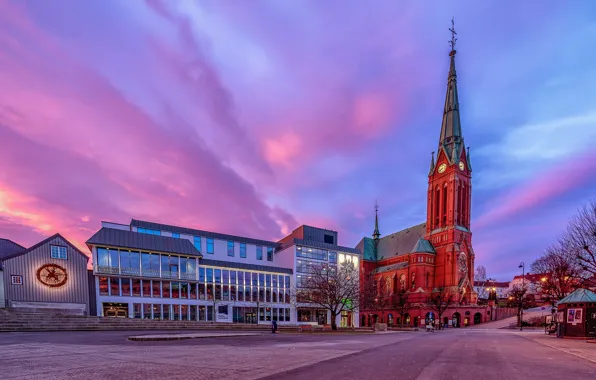 Небо, закат, улица, здание, Норвегия, церковь, Norway, Arendal