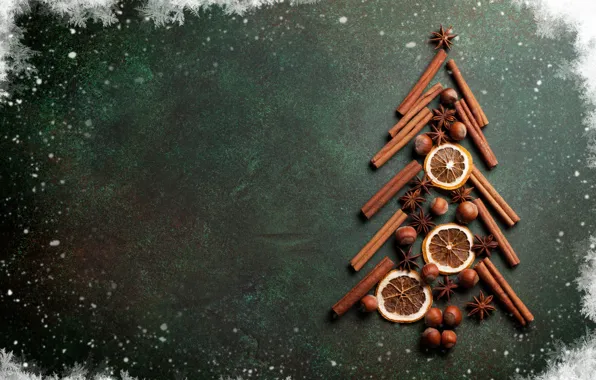 Картинка украшения, снежинки, елка, палочки, Новый Год, Рождество, орехи, корица