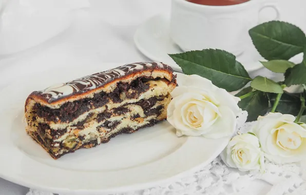 Чай, розы, выпечка, рулет, маковый
