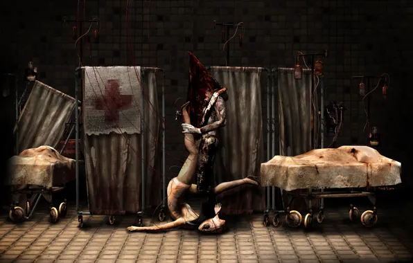 Монстры, Pyramid Head, фон, Пирамидоголовый, больница, nurse, Сайлент Хилл, госпиталь