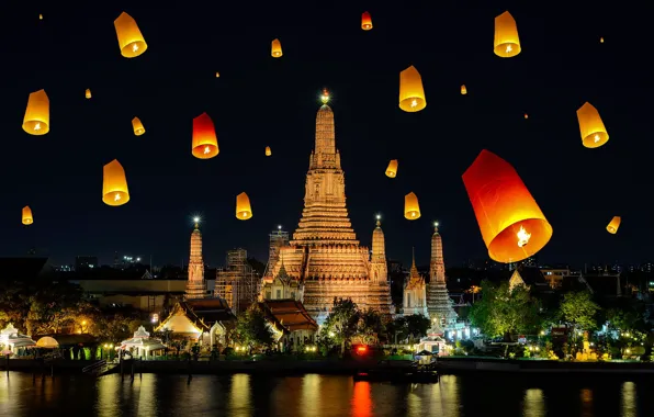 Ночь, город, река, праздник, вечер, Таиланд, храм, Бангкок