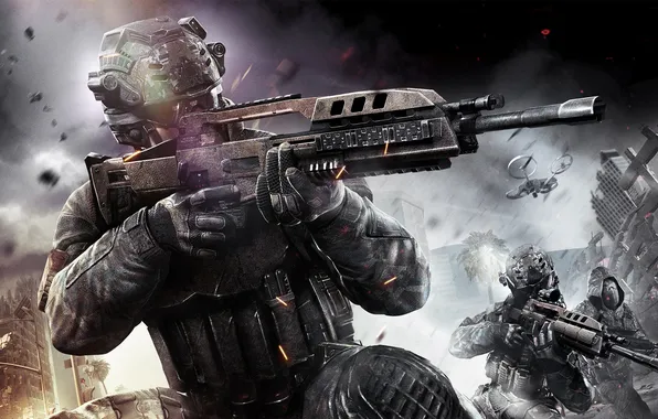 Город, война, вертолет, солдаты, Call of Duty: Black Ops 2