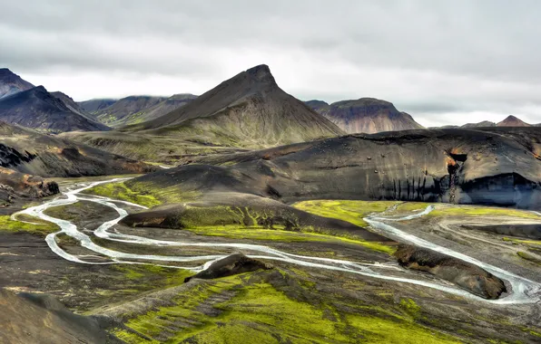 Река, холмы, исландия, Creation Knows No Boundaries
