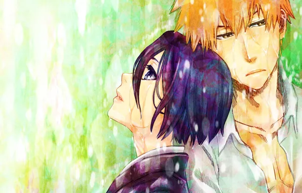 Девушка, дождь, парень, Bleach, Ichigo Kurosaki, Rukia Kuchiki