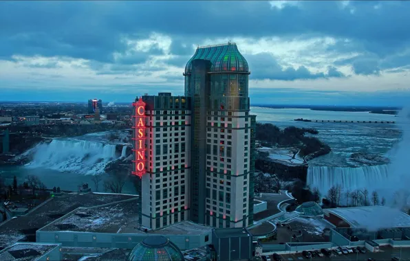Ночь, Канада, Онтарио, Ниагарский водопад, казино, вид из отеля