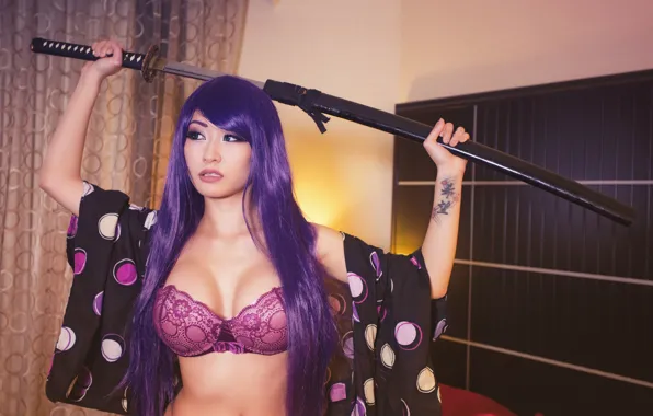 Girl, sword, bra, boobs, woman, big, breast, katana