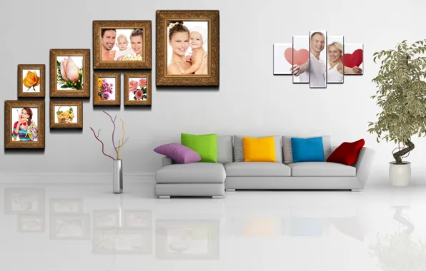 Картинка диван, растение, Комната, картины, стене, полиптих, горшке