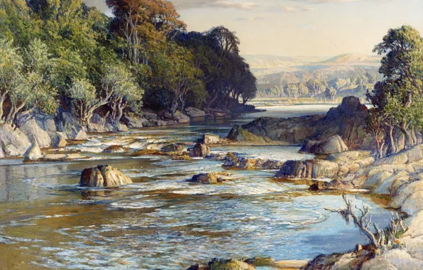 Картинка деревья, пейзаж, горы, река, картина, Сэмюэл Бёрч, The Rock-Girt Pools of Spean