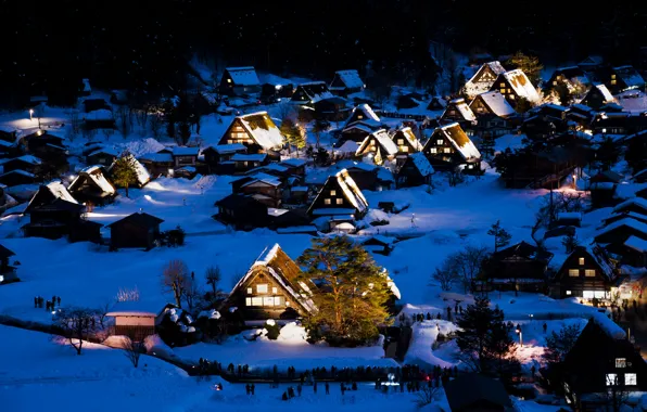 Зима, снег, ночь, огни, дома, Япония, остров Хонсю, Гокаяма