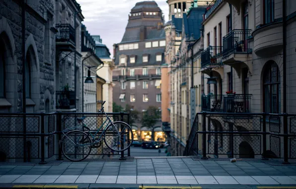 City, bicycle, road, Sweden, houses, buildings, Stockholm, railing