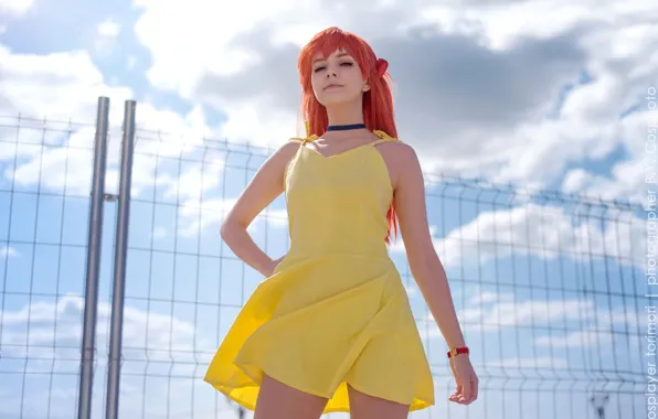 Картинка dress, Asuka Langley Soryu, women, redhead, cosplay, hands, yellow dress, choker