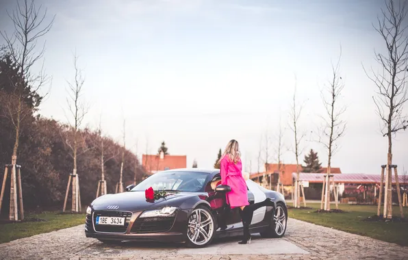 Девушка, Audi, розовое, блондинка, автомобиль, пальто