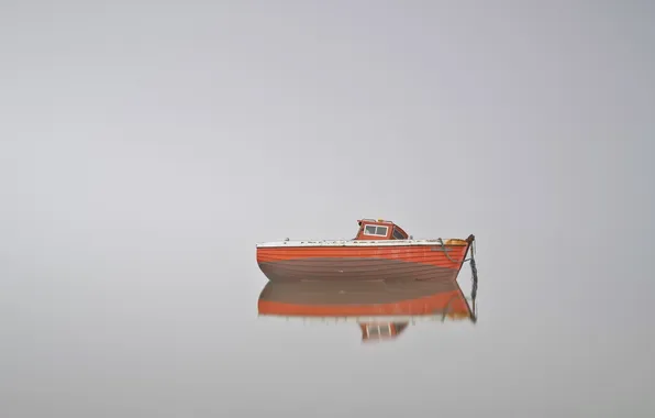 Картинка пейзаж, туман, озеро, лодка