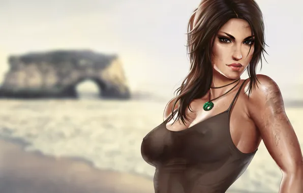 Море, Пляж, Девушка, Игра, Взгляд, Лицо, Tomb Raider, Арт
