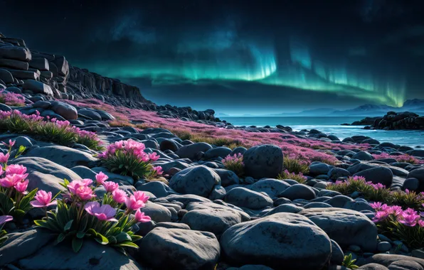 Landscape, Aurora sky, Rocky beach