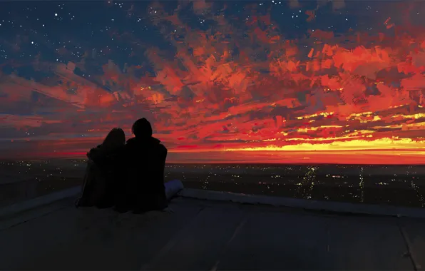 Картинка крыша, небо, девушка, закат, город, романтика, арт, пара
