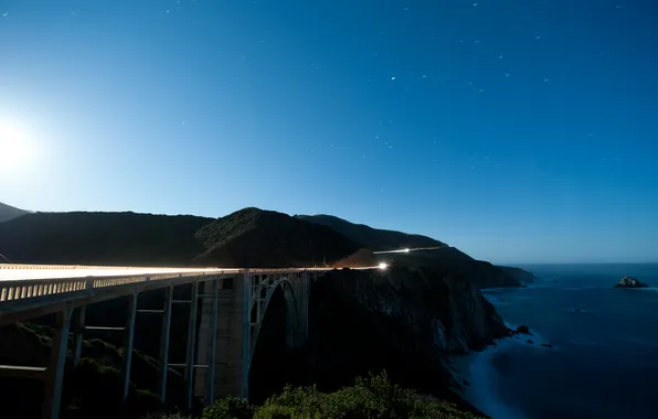Дорога, ночь, мост, океан, скалы, шоссе, Калифорния, утес